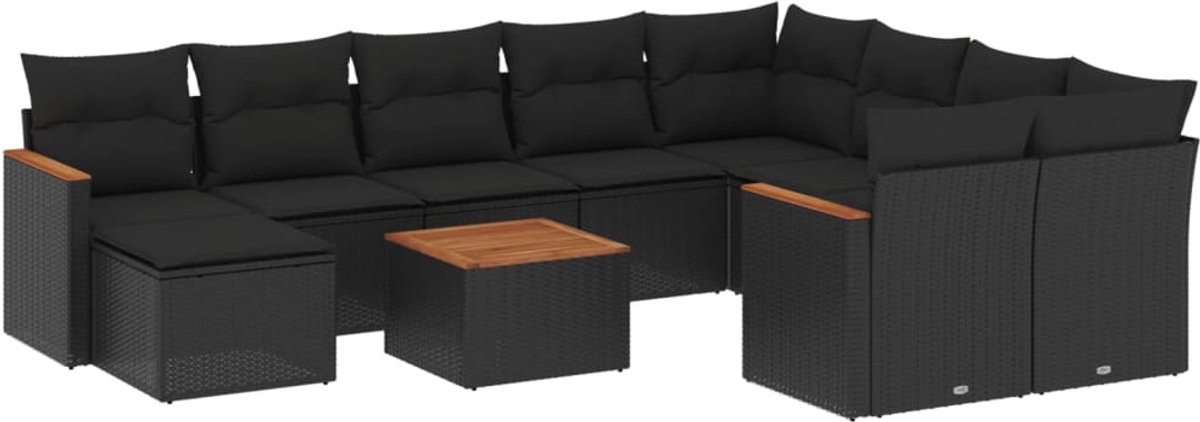 Zwarte poly rattan loungeset met kussens voor tuinmeubelen - The Living Store.