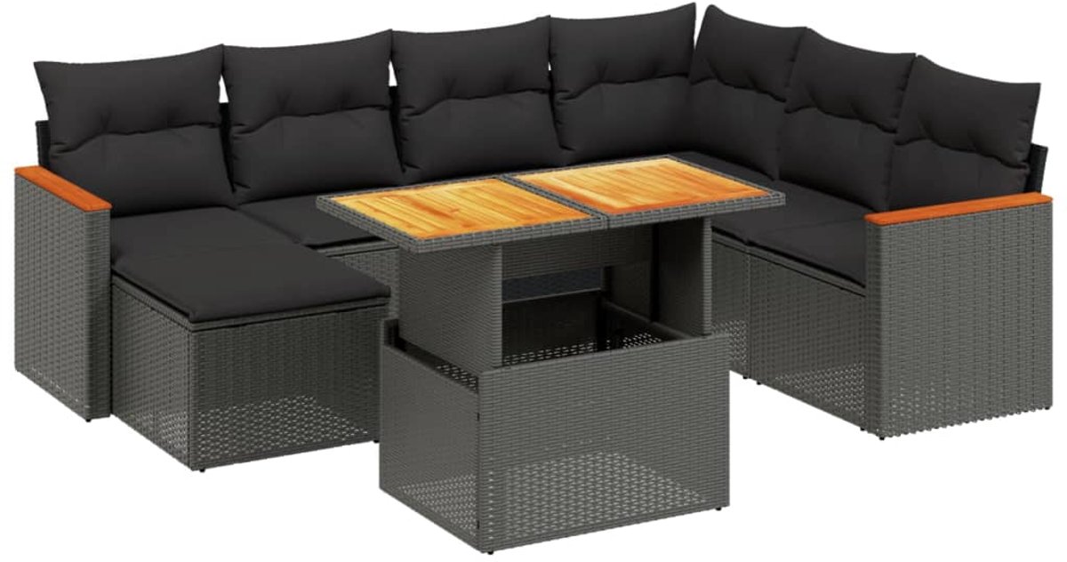 The Living Store 8-delige Loungeset met kussens poly rattan zwart - Loungeset - Tuinmeubels - Lounge Set - Buitendecoratie - Pe Rattan