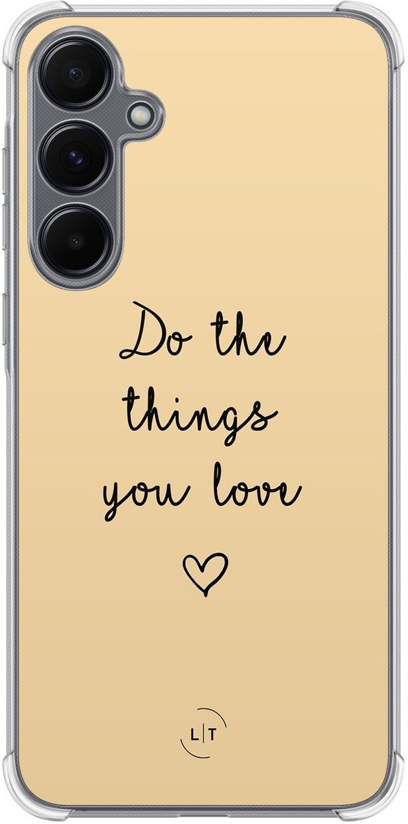 Shockproof hoesje - Geschikt voor Samsung Galaxy A15 - Do the things with love - Extra sterke case - TPU/polycarbonaat - Tekst - Geel, Transparant