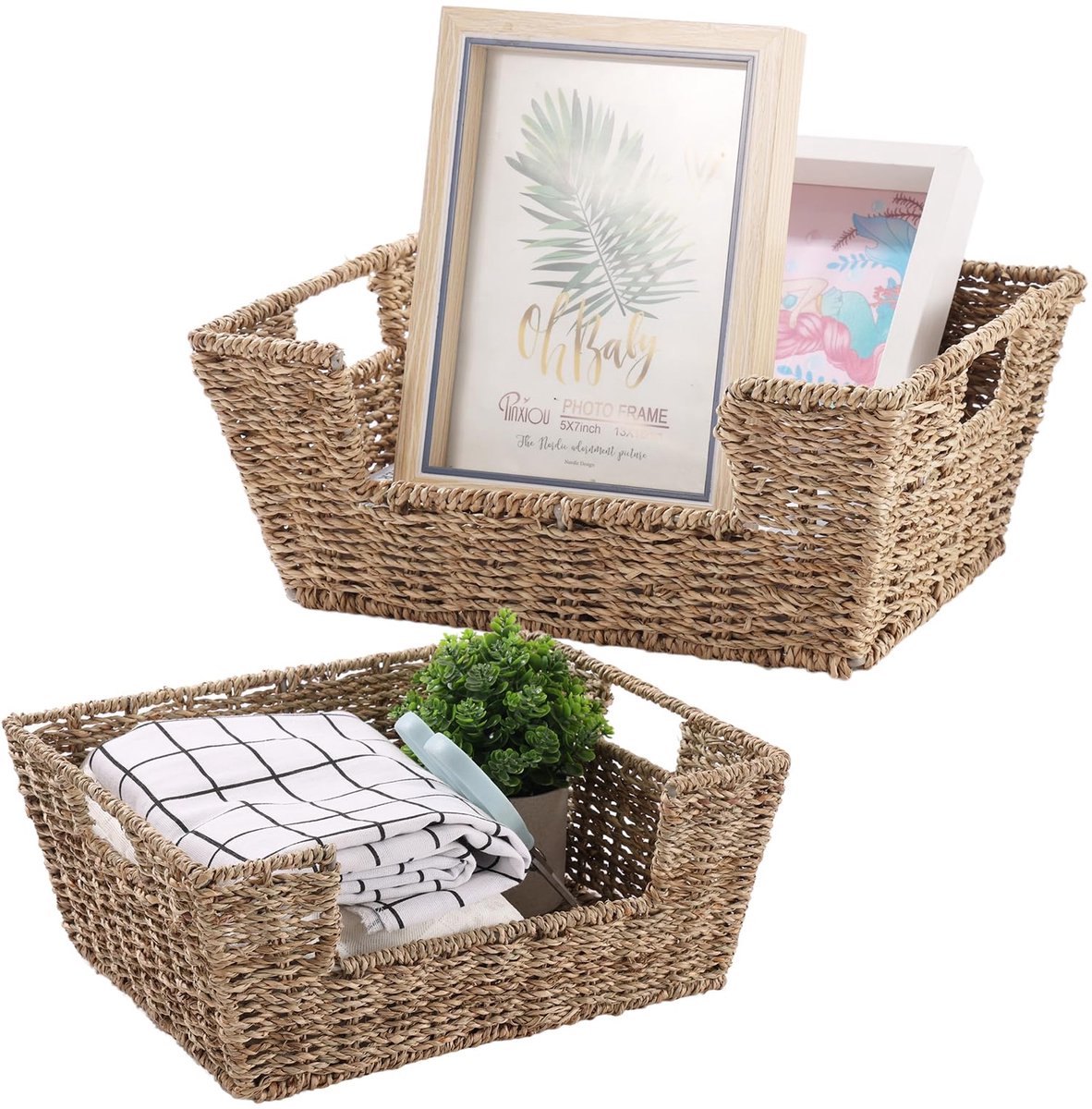 My Ninki ® Set van 2 Handgevlochten Zeegras Opbergmanden voor Planken en Werkbladen