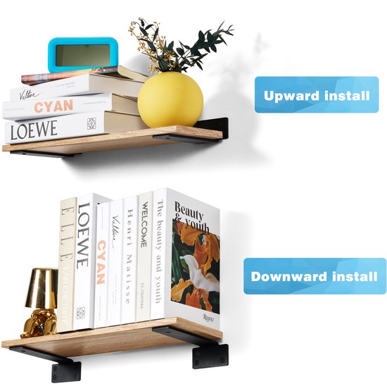 Équerres de tablette noires avec des étagères en bois, montrées en installation vers le haut et vers le bas avec des livres et de la décoration.