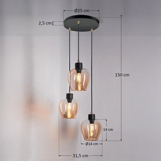 Dimensions des suspensions : plaque de plafond Ø25 cm, longueur totale 150 cm, diamètre du abat-jour 14 cm.