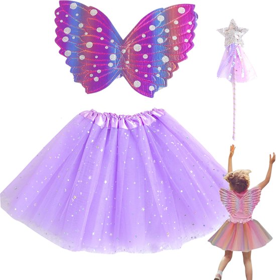 Joya Kids® Paarse tutu met Vleugels en Staf | Tover fee Verkleedset voor Meisjes | Tutu verkleedkleding | Prinsessencape | Cape Set | Unicorn | Meisje Verkleedset | Carnvalskleding Halloween Meisjes | Met Staf, Vleugels en Tutu | Metallic Paars