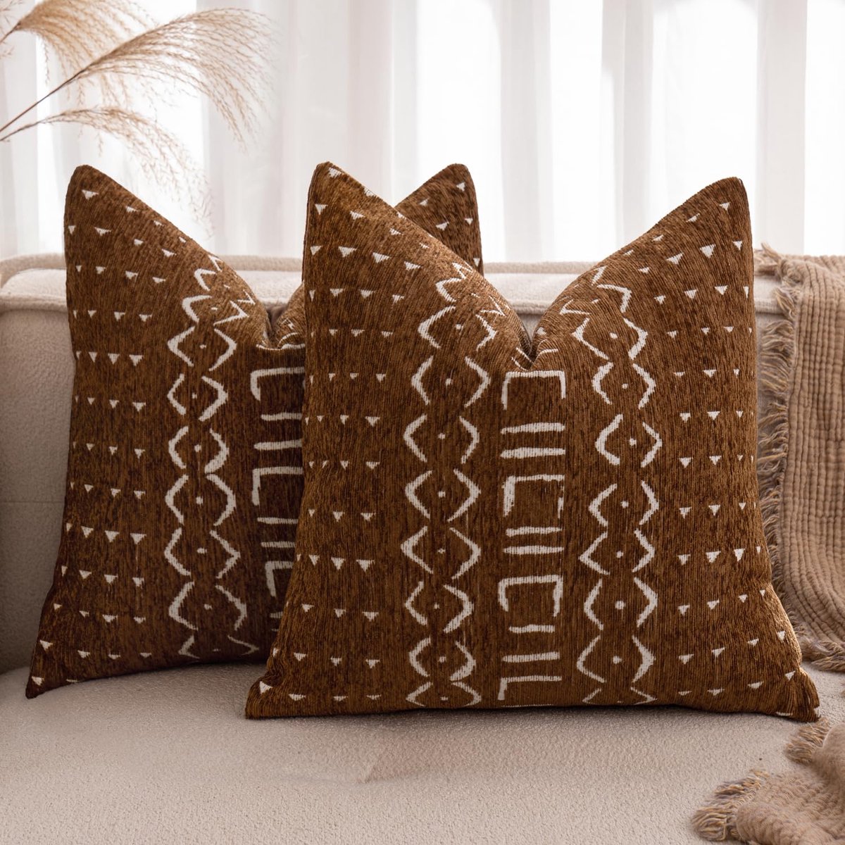 My Ninki ® Kussenslopen Set van 2 in Luxe Chenille Stof met Modern Boho Ontwerp voor Woonkamer en Kantoor