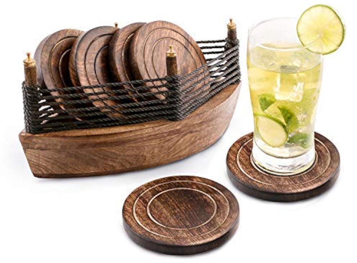 My Ninki ® Elegante Set van 6 Handgemaakte Houten Onderzetters met Antieke Uitstraling voor Dranken