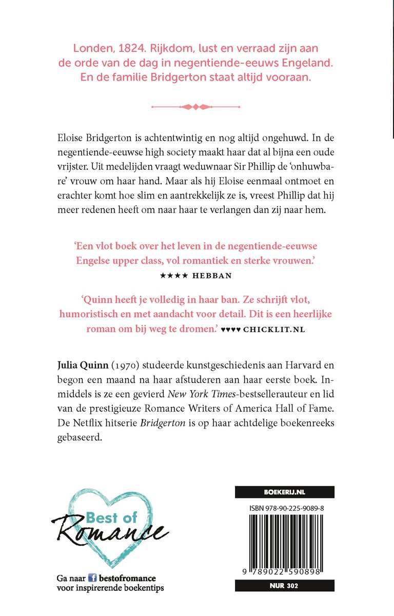 Dos de livre avec texte sur le contenu, Julia Quinn et "Best of Romance"
