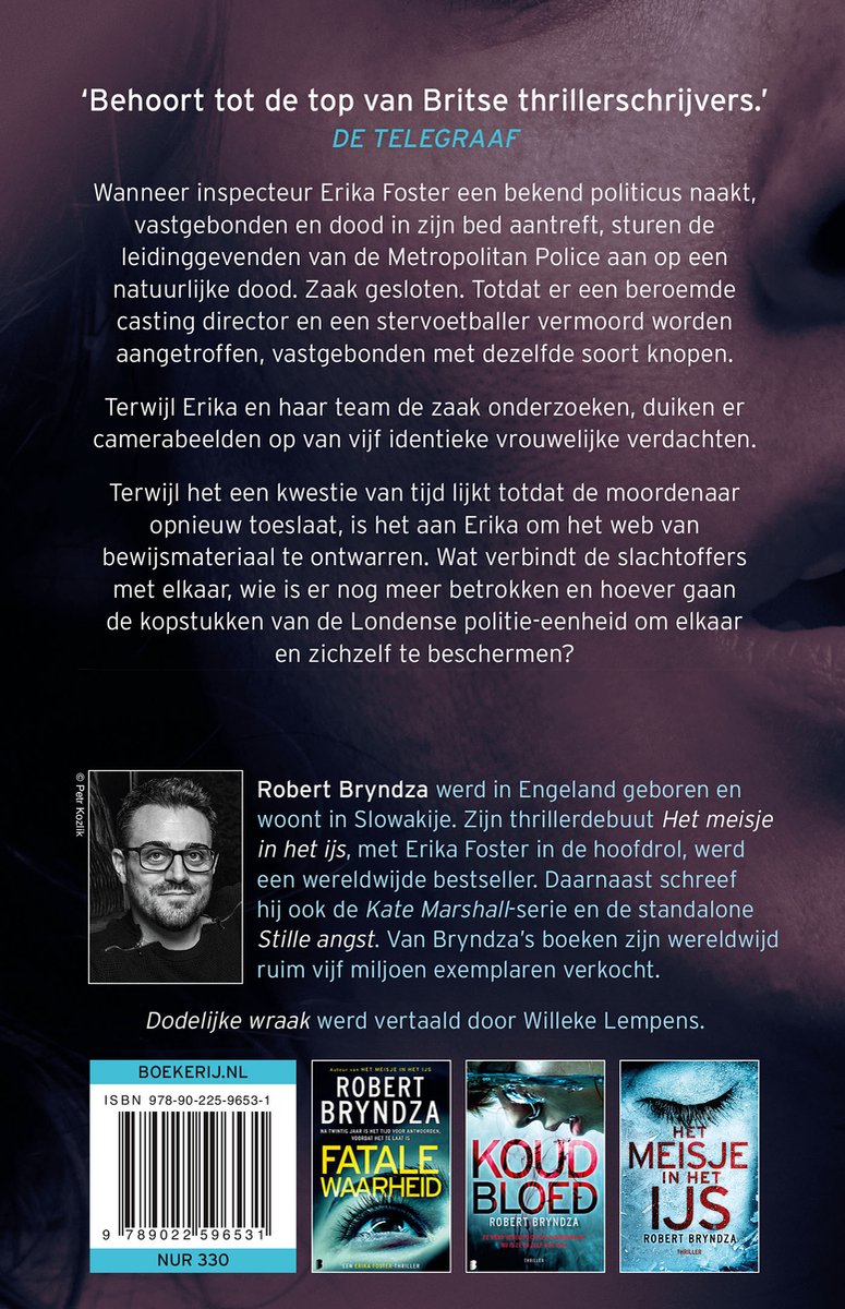 Boekomslag met boekbespreking, biografie van Robert Bryndza, en afbeeldingen van zijn boeken.