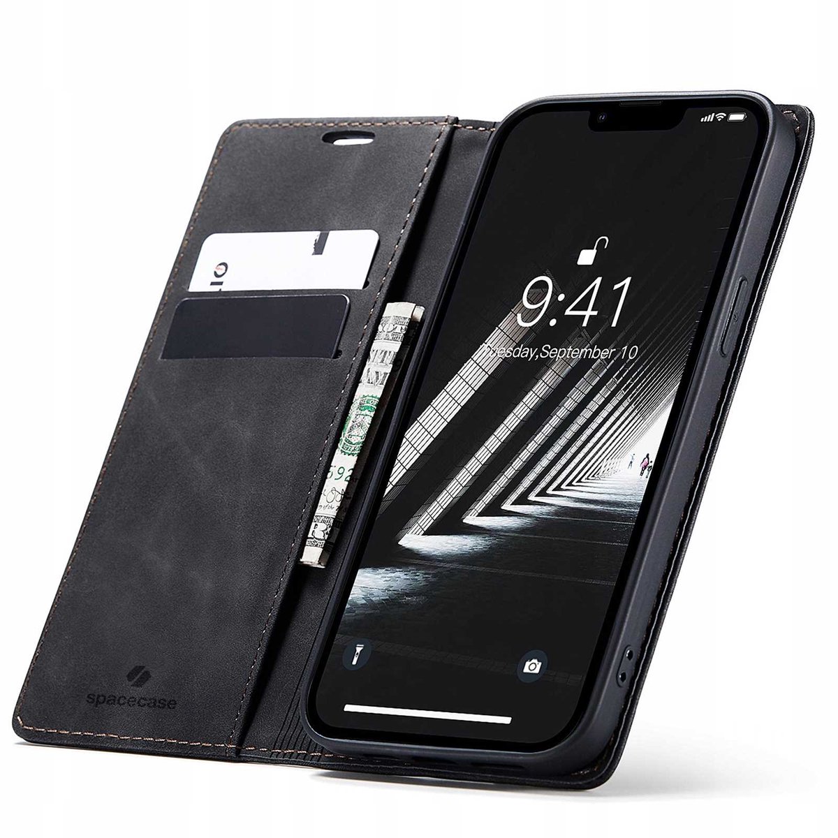 Spacecase Portefeuille Voor Iphone 14 Case Zwart Met Crabiner