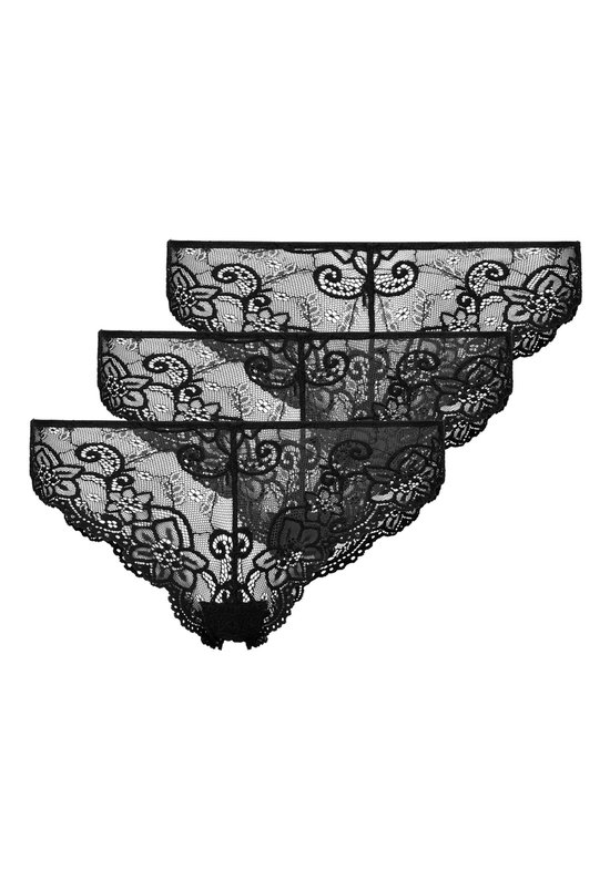 Trois culottes noires en dentelle empilées les unes sur les autres, avec un motif floral.