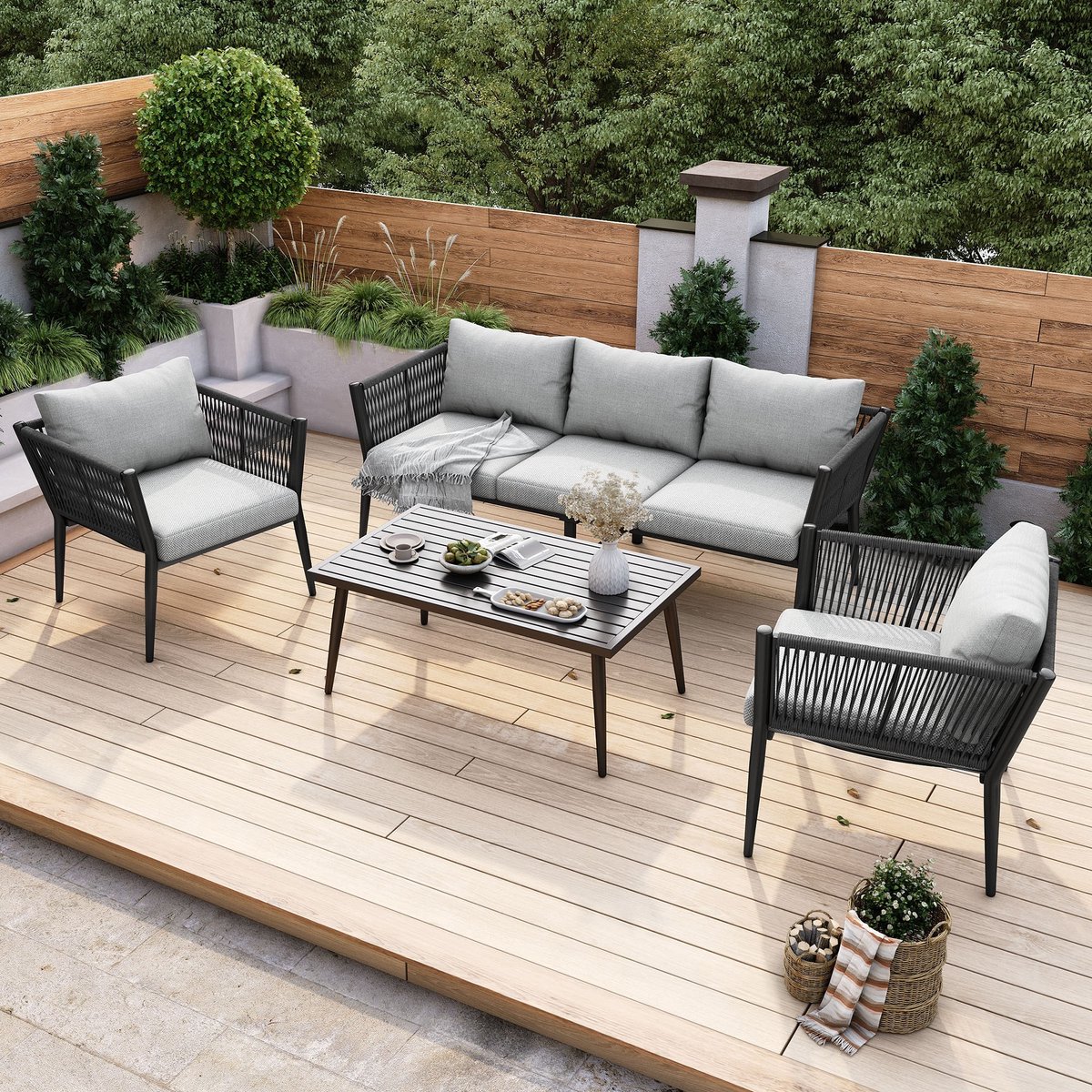 Sweiko Tuin loungeset - 3 zits bank + 2 fauteuils + salontafel - Gegalvaniseerd staal - Geweven touw armleuningen - Met anti-slip kussens - Grijs Sweiko Tuin loungeset - 3 zits bank + 2 fauteuils + salontafel - Gegalvaniseerd staal - Geweven touw armleuningen - Met anti-slip kussens - Grijs - Afbeelding 1