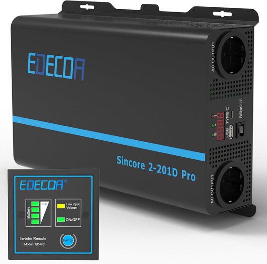 Omvormer 12V naar 230V 2000W - Zuivere Sinus Inverter met Afstandsbediening en EU Stopcontacten