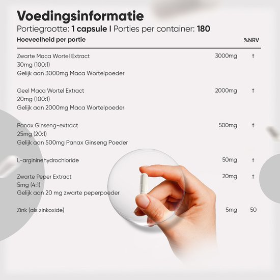Tabel met voedingsinformatie per capsule: Zwarte Maca Wortel Extract, Gele Maca Wortel Extract, Panax Ginseng-extract, L-argininehydrochloride, Zwarte Peper Extract, Zink (als zinkoxide).
