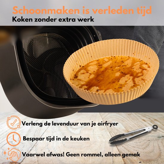 NeedyKitchen® Airfryer Bakpapier - Airfryer Accessoires - 100 Stuks - Geschikt voor Airfryer XL en XXL - Bakpapier - 20-23 cm - Inclusief Kookboek en Voedseltang