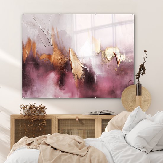 MuchoWow® Glasschilderij 120x90 cm - Schilderij acrylglas - Paars - Abstract - Verf - Goud - Foto op glas - Muurdecoratie woonkamer - Wanddecoratie slaapkamer - Schilderijen