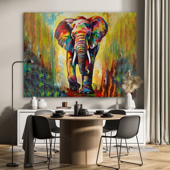 Aluminium schilderij 160x120 cm - Wanddecoratie metaal - Olifant - Kunst - Schilderij - Dieren - Regenboog - Metalen muurdecoratie woonkamer - Decoratie industrieel - Foto op dibond - Industriële accessoires slaapkamer