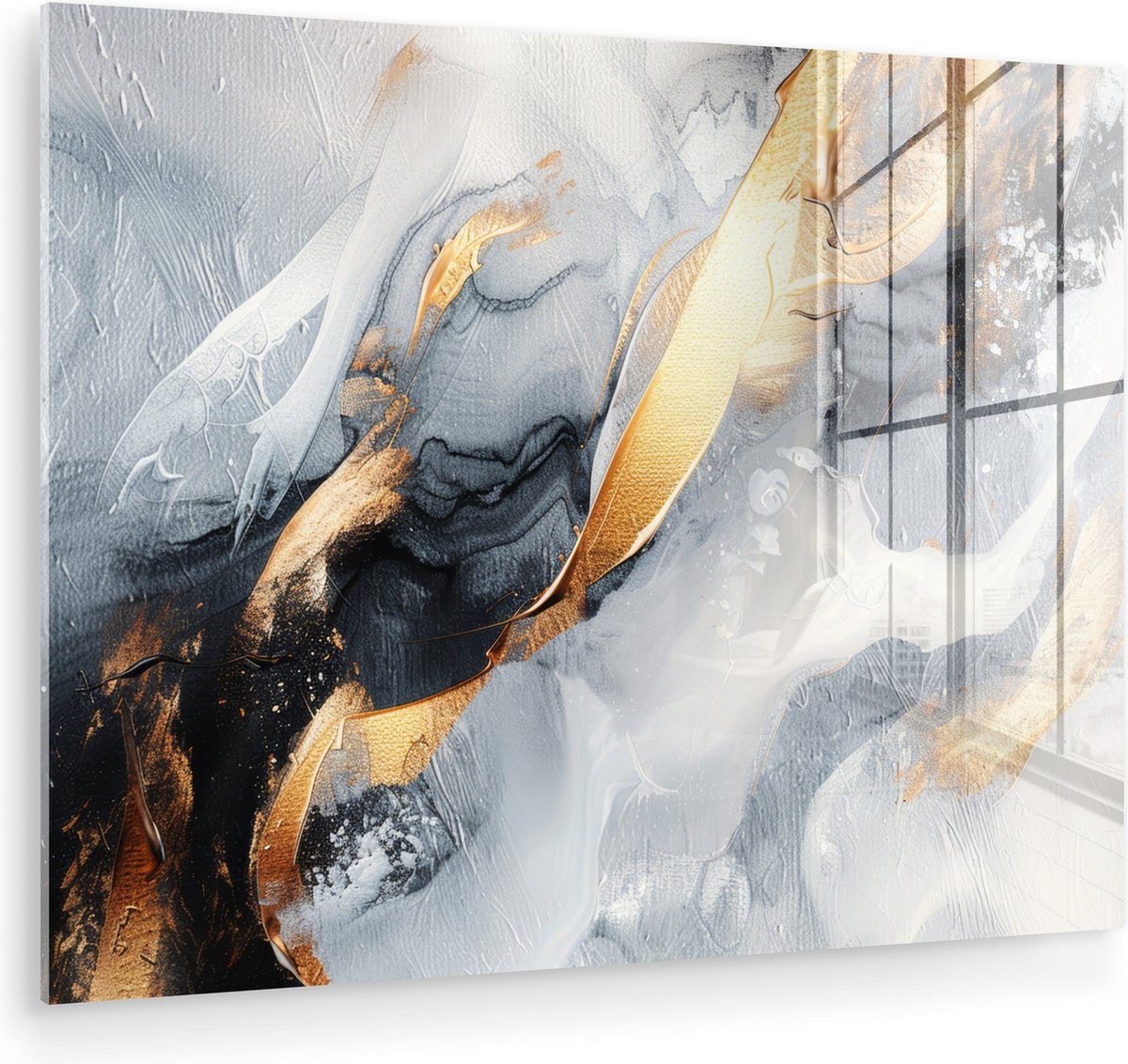 MuchoWow® Glasschilderij 120x90 cm - Schilderij acrylglas - Abstract - Goud - Verf - Aesth