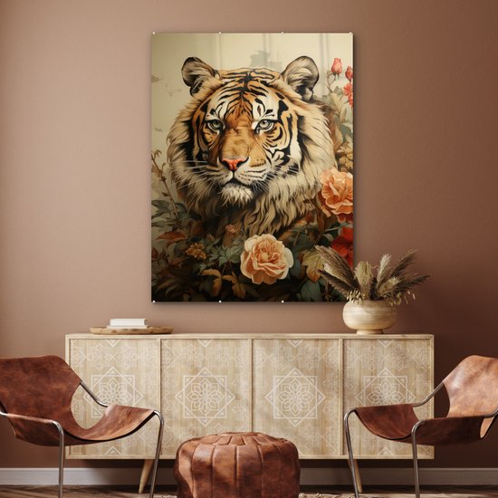 MuchoWow® Glasschilderij 90x120 cm - Schilderij acrylglas - Vintage - Tijger - Bloemen - Dieren - Wit - Foto op glas - Muurdecoratie woonkamer - Wanddecoratie slaapkamer - Schilderijen
