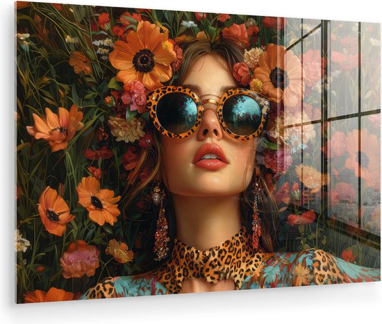 MuchoWow® Peinture sur verre 120x80 cm - Peinture sur verre acrylique - Femmes - Fleurs - Moderne - Lunettes - Abstrait - Photo sur verre - Décoration murale salon - Décoration murale chambre - Peintures