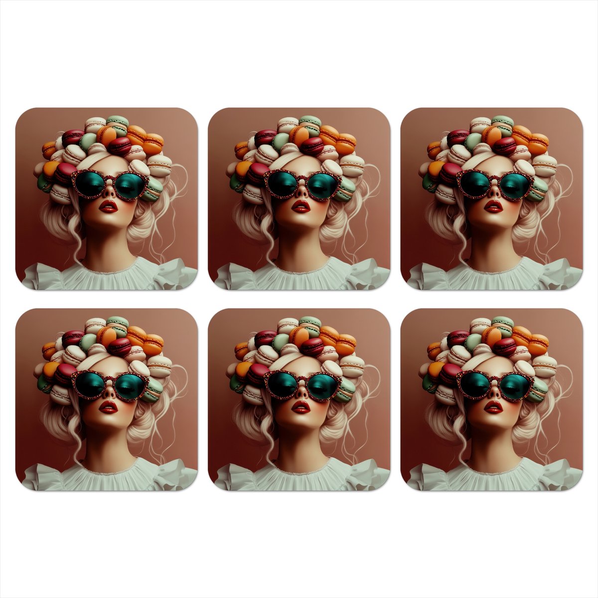 Onderzetters voor glazen - Vrouw - Macarons - Bril - 10x10 cm - Glasonderzetters - 6 stuks