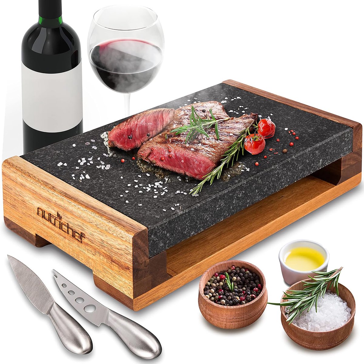 NutriChef Grillsteen Set – Lava Rock Grillplaat voor Steak, BBQ & Vlees – Inclusief RVS Messen – Houdt Warmte & Smaak Vast – Sissende Kooksteen voor Tafelgrill