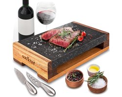 NutriChef Grillsteen Set – Lava Rock Grillplaat voor Steak, BBQ & Vlees – Inclusief RVS Messen – Houdt Warmte & Smaak Vast – Sissende Kooksteen voor Tafelgrill