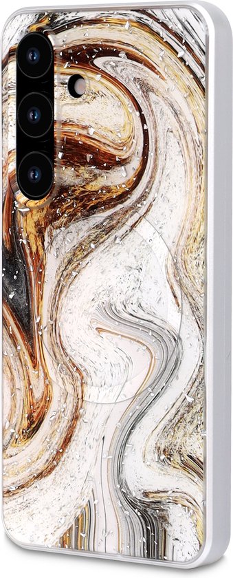 Casemania Coque pour Samsung Galaxy S25 - Wit - Coque arrière en marbre avec Protection d'appareil photo - Compatible avec MagSafe