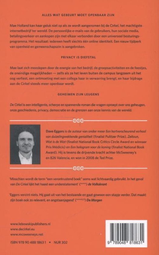 Achterkant van het boek "De Cirkel" met tekst en een portret van Dave Eggers.