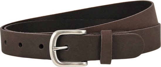 Donkerbruine leren damesriem met een zilverkleurige gesp.
