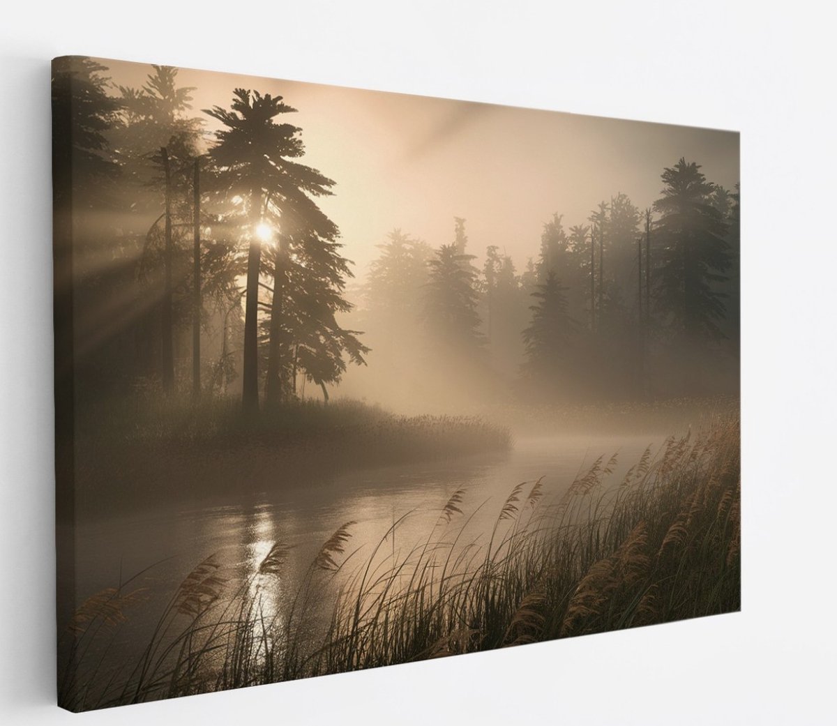 Saammp Canvas Schilderij - Water bij mistig Landschap - Natuur - 100x75 - Foto op canvas - Wanddecoratie - Muurdecoratie Woonkamer - Slaapkamer decoratie - Canvas Print Multicolor