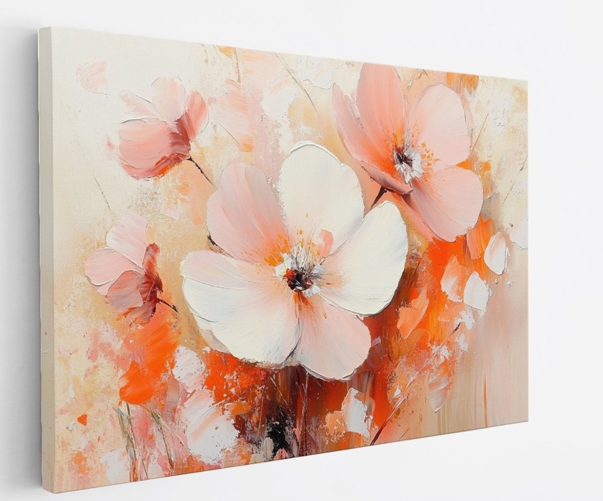 Saammp Canvas Schilderij - Beige Bloemen met oranje- Natuur - Abstract - 100x75 - Foto op canvas - Wanddecoratie - Modern Interieur - Woonkamer Decoratie Multicolor