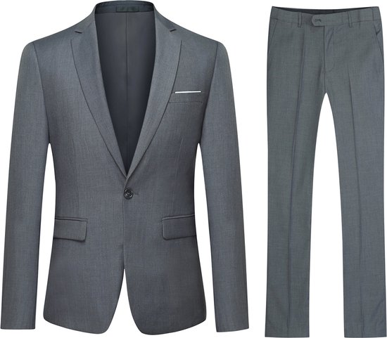Grijze blazer met één knoop, reverskraag, borstzakje en steekzakken, naast een grijze pantalon.