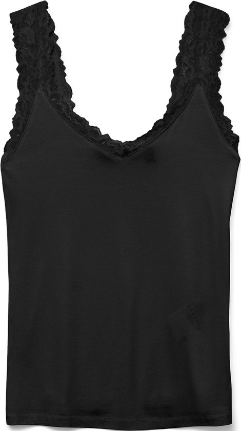 Zwarte top met kanten afwerking op de schouders.