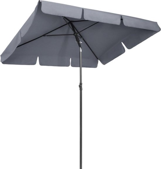 Vierkante donkergrijze parasol met een zwarte paal en zwart frame.