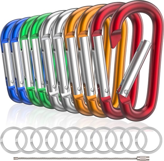 10-Delig 78mm Multikleur Karabijnhaken Set met 10 Sleutelringen - Musketonhaak Sleutelhangers voor Volwassenen - D Carabiners - Karabijn haak Keychain - Karabijnsluitingen en ringetjes - DIY Hobby Musketon Sluiting - Karabiners - Aluminium