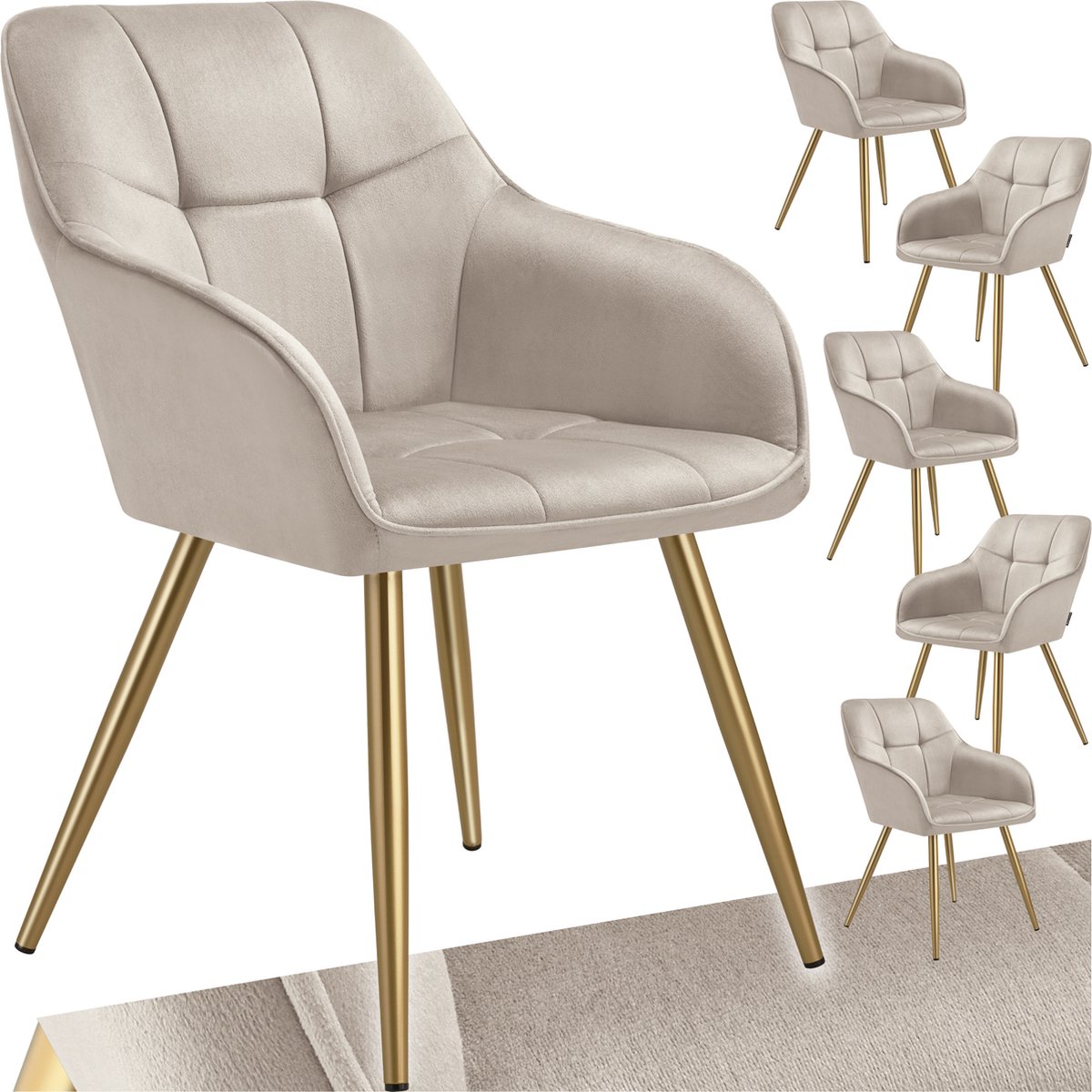 Tectake Eetkamerstoelen Marilyn - Set van 6 - Gestoffeerde Stoel in Fluweellook - Gecaptioneerd - Zwarte Stoelpoten - Ergonomische Keukenstoel - Doorlopende Rugleuning en Armleuningen - Stoel voor Woonkamer, Eetkamer, Slaapkamer - Taupe