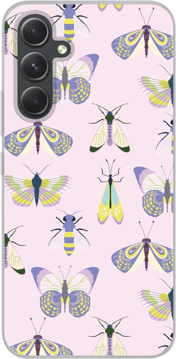 Telefoonhoesje Geschikt voor Samsung Galaxy A54 hoesje - Insecten - Vlinders - Patroon - Roze - Kleurrijk - Siliconen Telefoonhoesje Telefoonhoesje