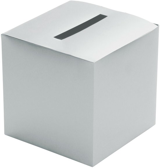 Zilverkleurige vierkante doos met gleuf voor enveloppen.