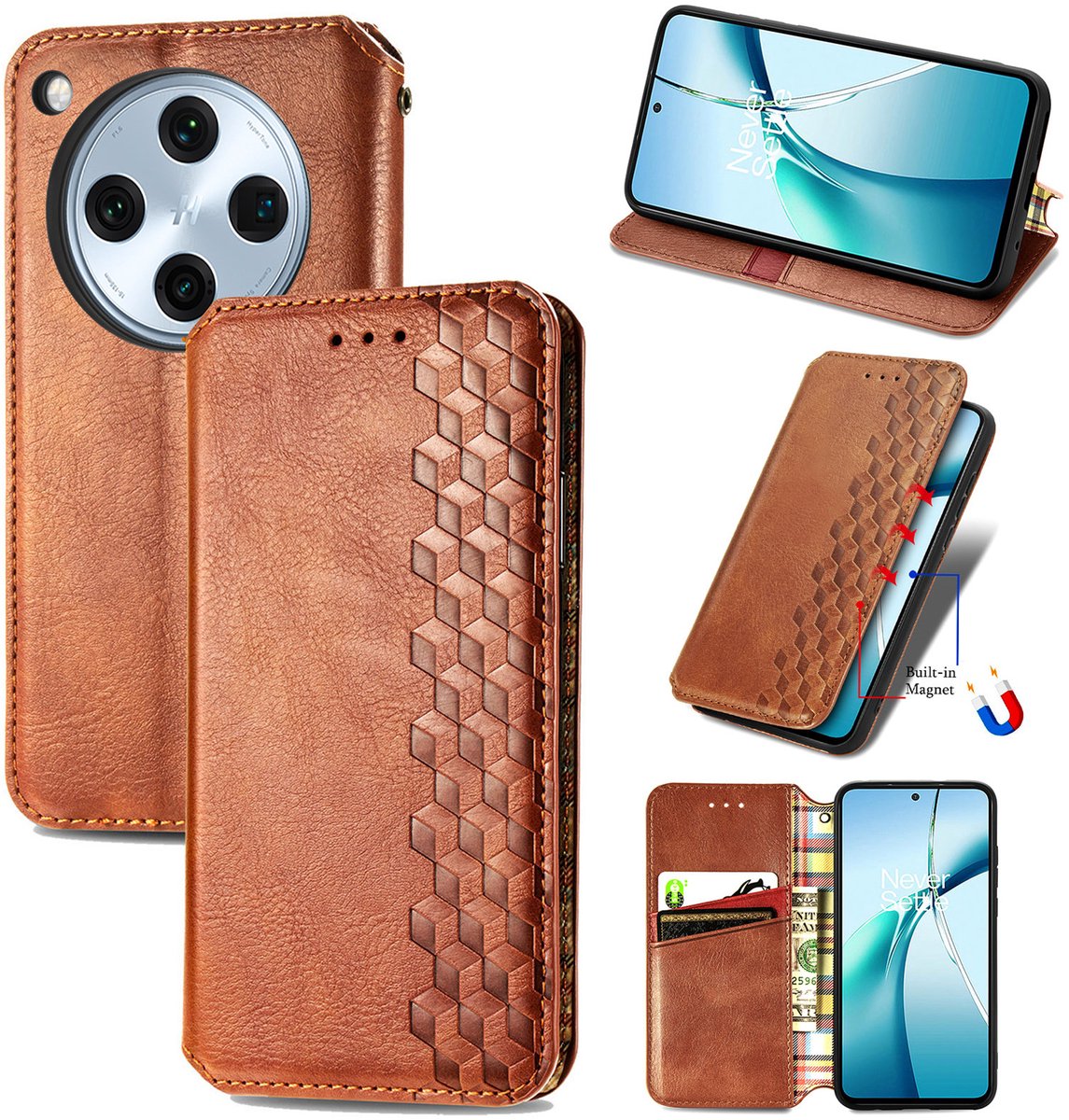 Luxe PU Lederen Ruitpatroon Wallet Case + Screenprotector voor OPPO Find X8 Pro _ Bruin