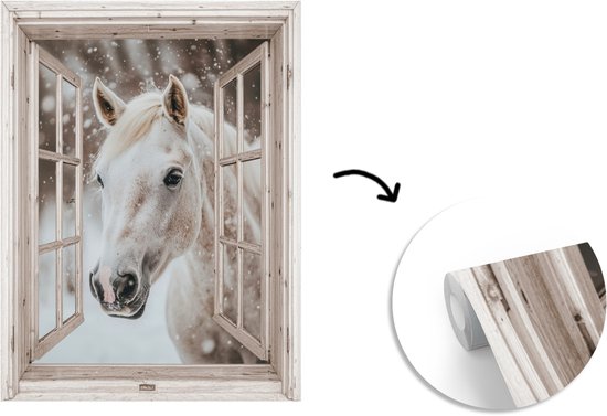 Behang - Fotobehang Paard - Wit - Winter - Sneeuw - Doorkijk - Dieren - Breedte 195 cm x hoogte 260 cm