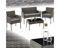 tectake® - Wicker tuinset Palese - Zitgroep voor 4 personen - Tuinmeubelset met loungebank, tuintafel en 2 tuinstoelen inclusief zitkussens - Tuinmeubelen - Waterafstotend - Grijs