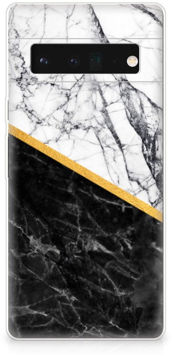 Google Pixel 6 Pro TPU Siliconen Hoesje Marmer Wit Zwart - Origineel Cadeau Man