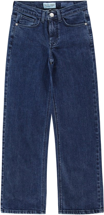 Een donkerblauwe, wijde jeans met vijf zakken en een knoopsluiting, staand op een witte achtergrond.