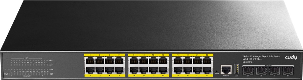 Cudy 24 poort switch - GS5024PS4 - Managed Switch - Layer 3 - 24 Port Gigabit - PoE+ - Metaal - 400W - 4x 10G SFP+ poorten