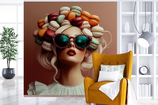 Behang - Fotobehang Vrouw - Macarons - Bril - Breedte 220 cm x hoogte 220 cm