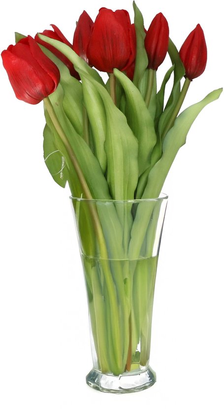 Bellatio Design Kunst tulpen boeket Vermeer - 7x stuks - rood - real touch - 31 cm