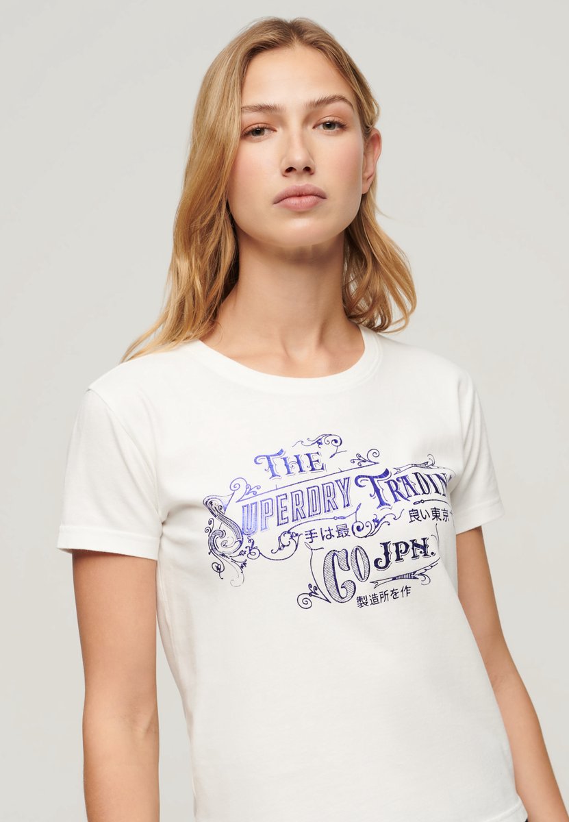 Superdry Aansluitend Workwear T-shirt met folieprint Dames T-shirts Creme