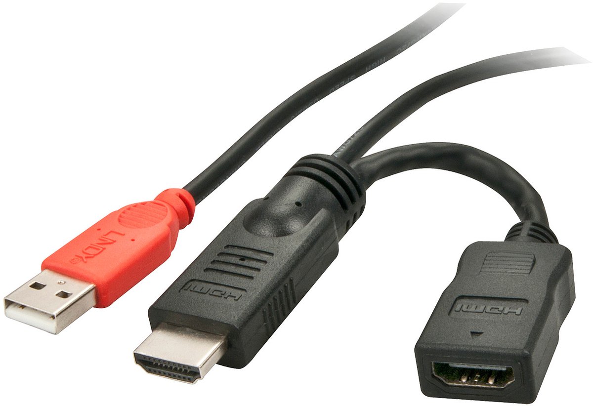 LINDY 41080 HDMI-kabel HDMI Stroomkabel HDMI-A-stekker, USB-A stekker, HDMI-A-bus 0.15 m Zwart