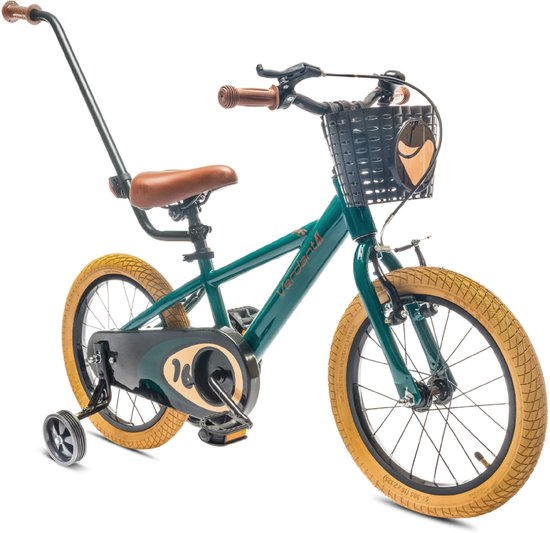Foto: Verdant bike kinderfiets voor jongens 14 inch donkergroen leeftijd 3 tot 5 jaar met zijwieltjes duwstang handrem