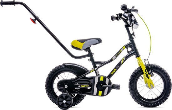 Tiger Bike Kinderfiets voor jongens 12 inch Zwart-Geel, leeftijd 2 tot 4 jaar, met zijwieltjes, duwstang, handrem van Toimsa — afbeelding 3