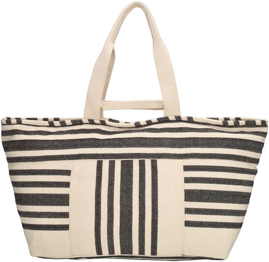 Grote canvas strandtas met beige en zwart gestreepte print. De tas heeft beige hengsels.